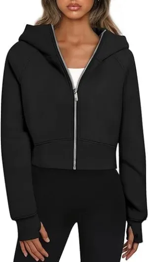 RONGTAI Women's Cropped Zip-Up Hoodie Fleece Lined Y2K Sweatshirt, Casual Short Winter Jacket, Comfy Fall Long Sleeve Top