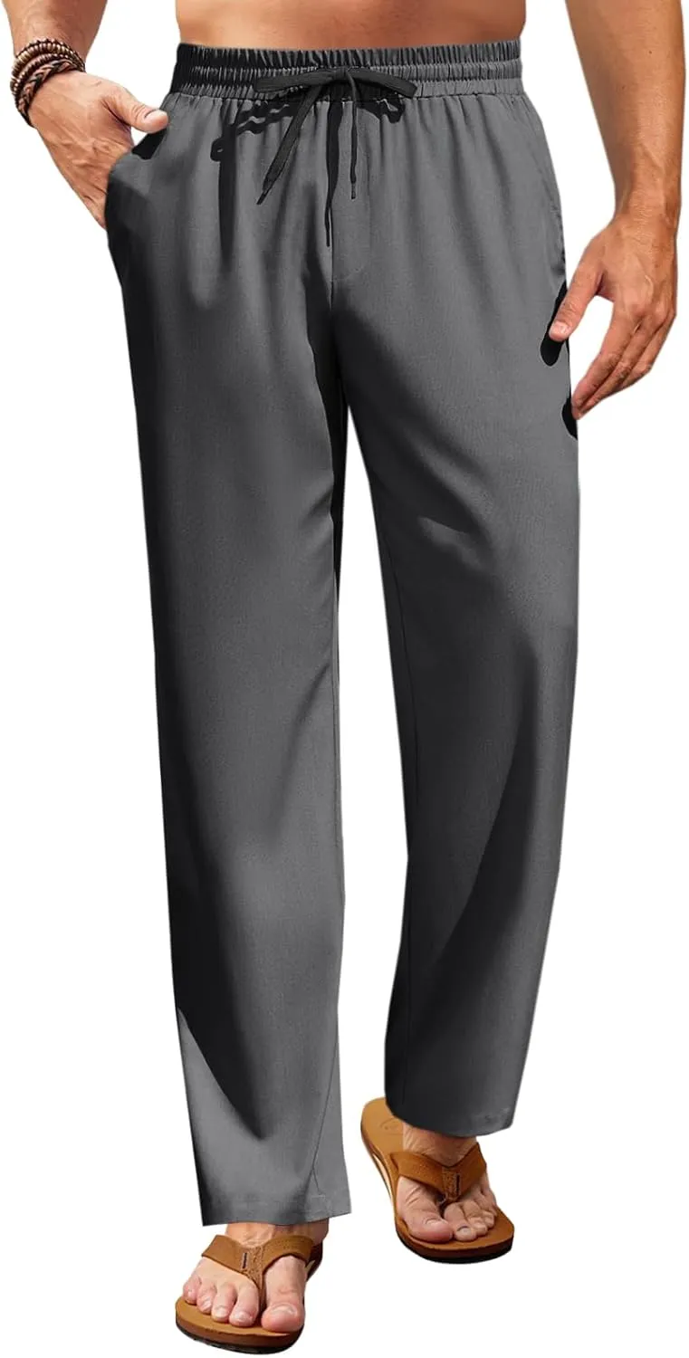 Runcati Mens Casual Pants Drawstring Elastic Waist Lightweight Trousers Linen Beach Summer Lounge Pants Black