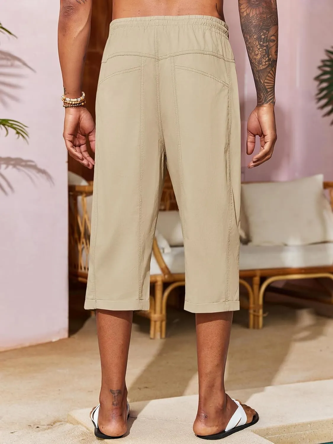 Runcati Mens Harem Capri Pants Casual Elastic Waist Cotton 3/4 Shorts Summer Beach Yoga Tapered Trousers