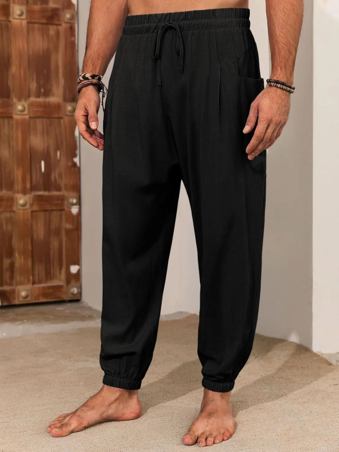 Runcati Mens Harem Pants Casual Elastic Waist Drawstring Baggy Pants Summer Hippie Hip Hop Trousers