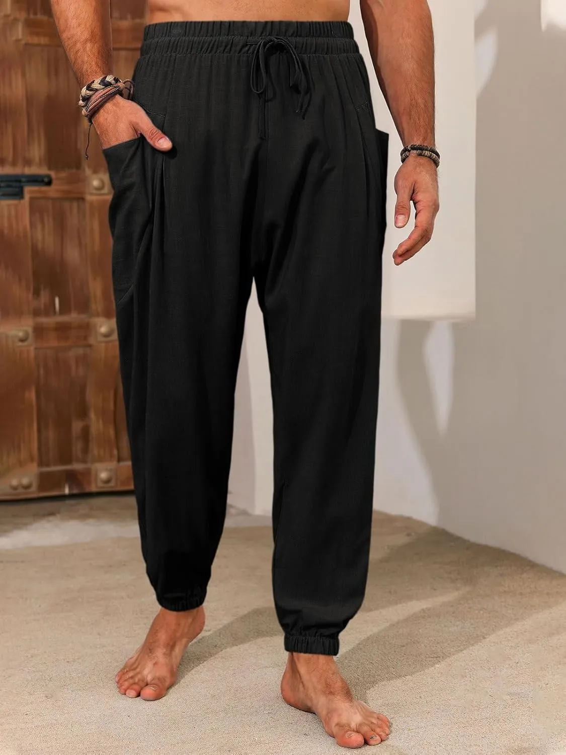 Runcati Mens Harem Pants Casual Elastic Waist Drawstring Baggy Pants Summer Hippie Hip Hop Trousers