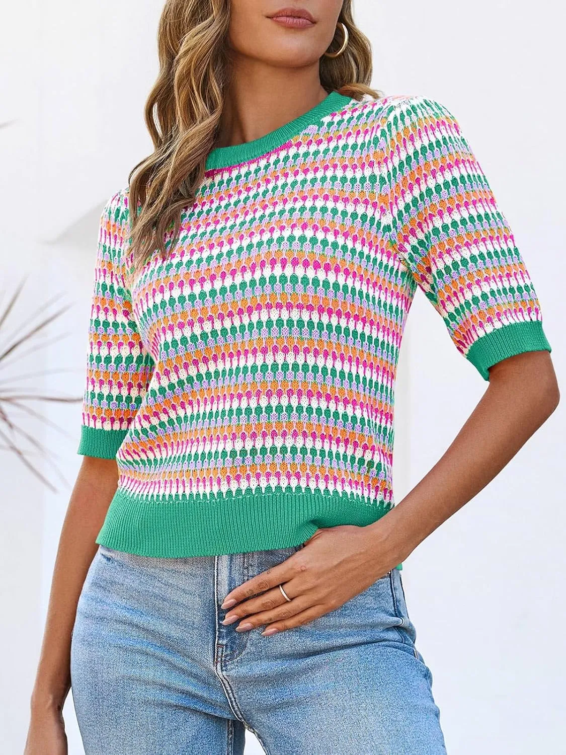 Saodimallsu Womens Short Sleeve Striped Sweater Tops Summer Color Block Crew Neck Cute Colorful Going Out Shirts