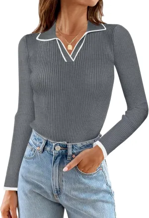 Saodimallsu Womens V Neck Sweater Collared Fitted Long Sleeve Ribbed Knit 2024 Trendy Pullover Shirts
