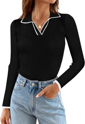 Saodimallsu Womens V Neck Sweater Collared Fitted Long Sleeve Ribbed Knit 2024 Trendy Pullover Shirts