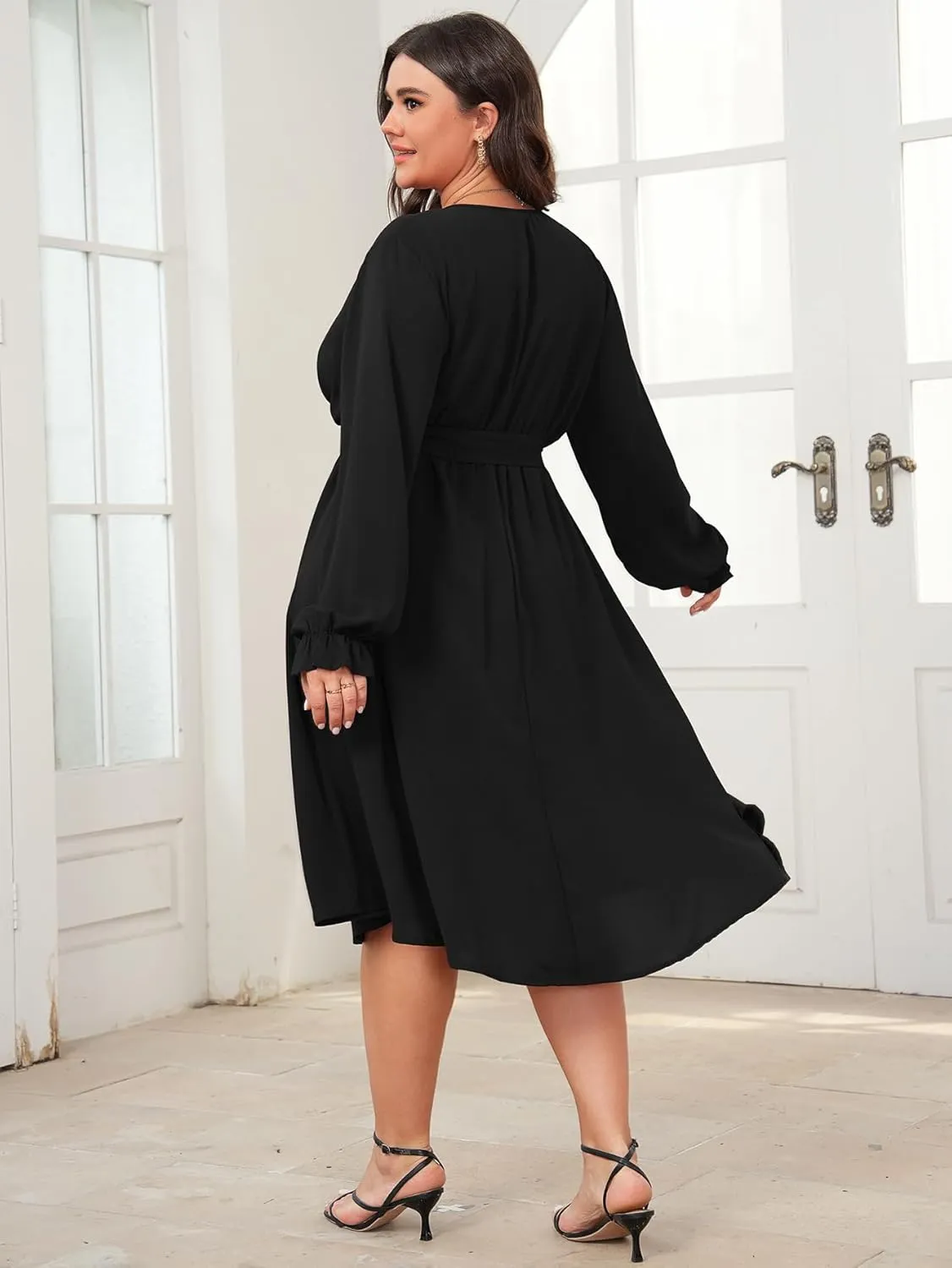 SCOMCHIC Womens Plus Size Wedding Guest Cocktail Midi Dress Winter Long Sleeve Wrap V Neck Belted A-Line Flowy Party Dress