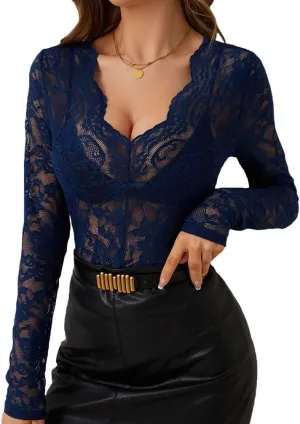 Sdencin Women Sexy Deep V-Neck See Through Mesh Sheer Lace Top Blouse Long Sleeve Slim Fit Floral Tee Shirt Tunic