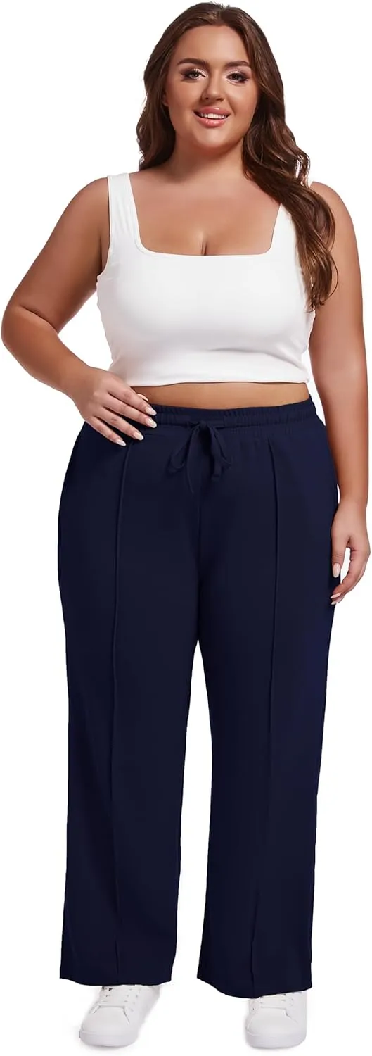 SEKINO Women's Plus Size Wide Straight Leg Pants High Waisted Business Casual Work Pants Trousers with Pockets Drawstring