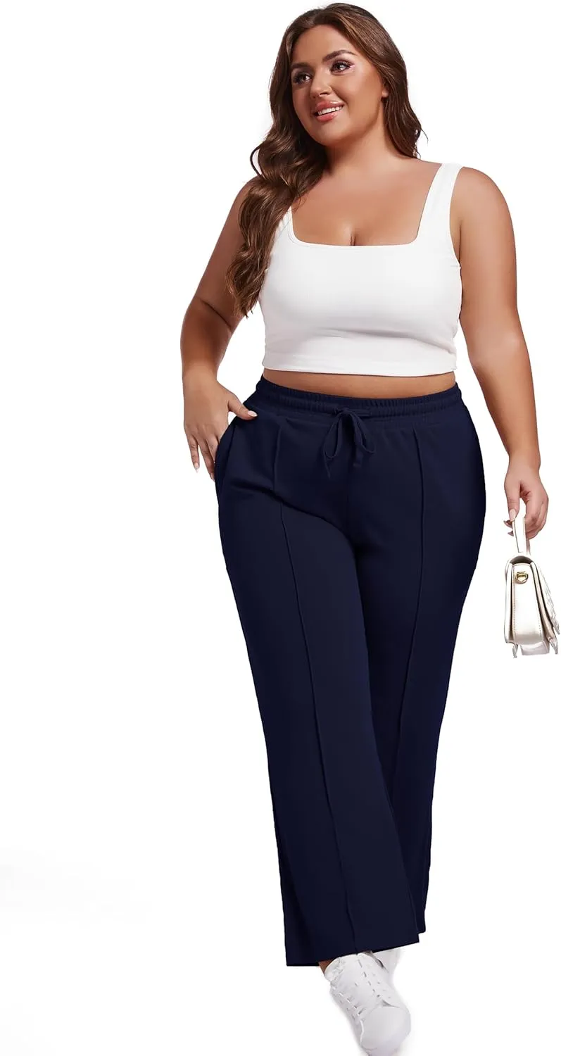 SEKINO Women's Plus Size Wide Straight Leg Pants High Waisted Business Casual Work Pants Trousers with Pockets Drawstring