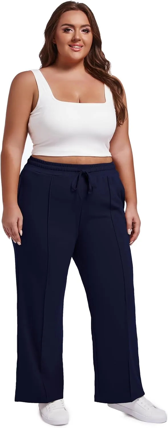 SEKINO Women's Plus Size Wide Straight Leg Pants High Waisted Business Casual Work Pants Trousers with Pockets Drawstring