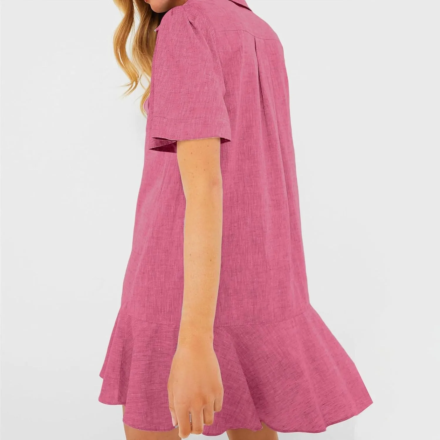 Shift Dress for Women 2025 Tunic Shirt Mini Dress Short Sleeve Cotton Linen Dress Button Up Ruffle Hem Flowy Sundress