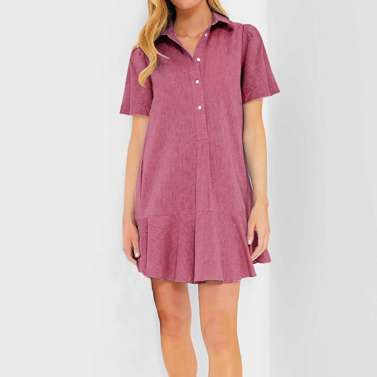 Shift Dress for Women 2025 Tunic Shirt Mini Dress Short Sleeve Cotton Linen Dress Button Up Ruffle Hem Flowy Sundress
