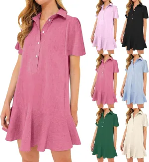 Shift Dress for Women 2025 Tunic Shirt Mini Dress Short Sleeve Cotton Linen Dress Button Up Ruffle Hem Flowy Sundress