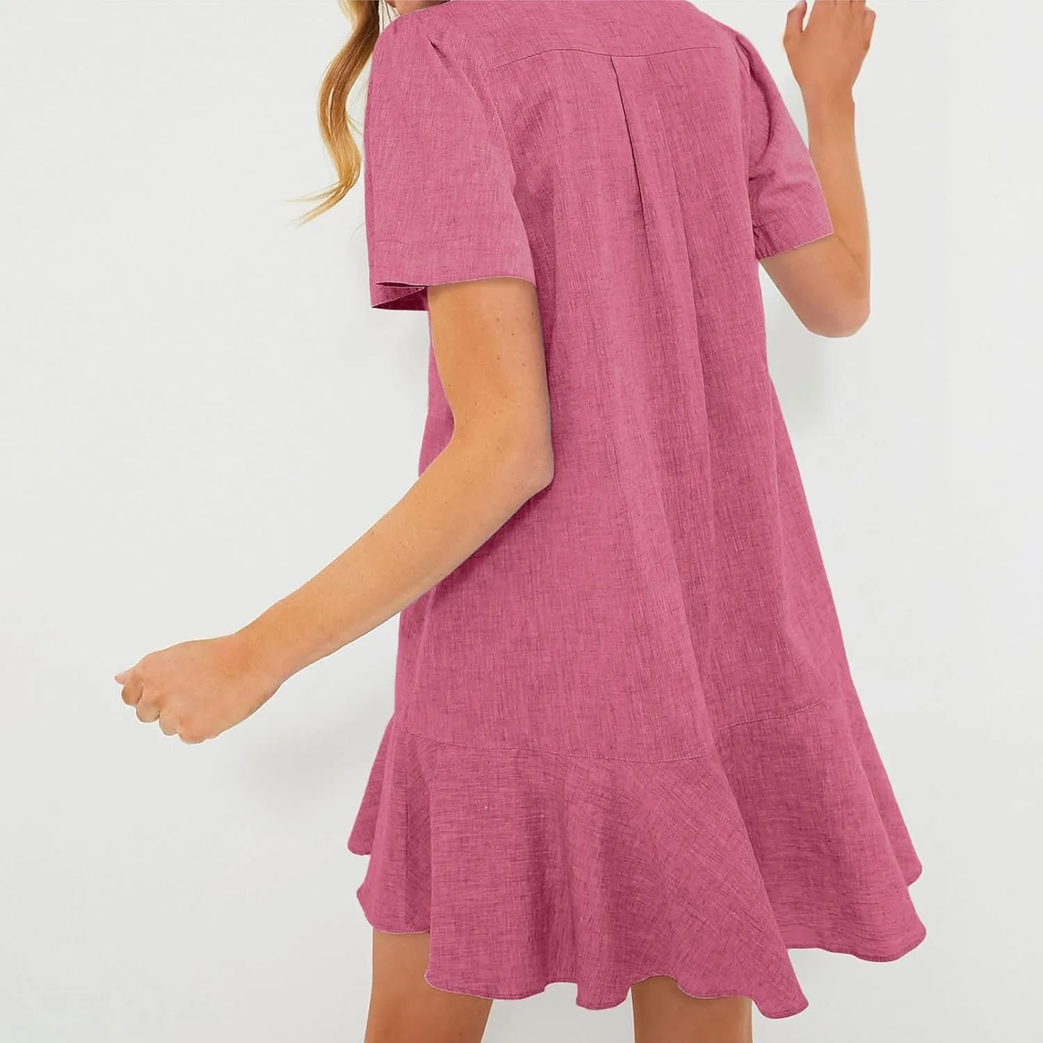 Shift Dress for Women 2025 Tunic Shirt Mini Dress Short Sleeve Cotton Linen Dress Button Up Ruffle Hem Flowy Sundress