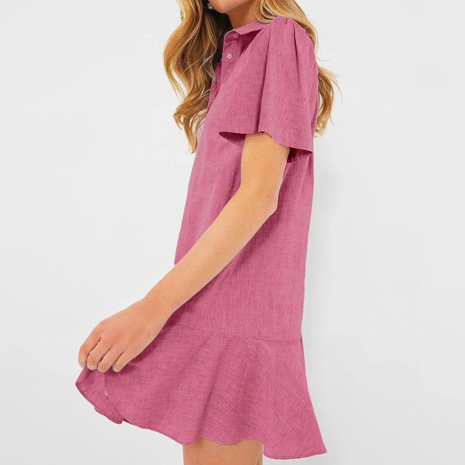 Shift Dress for Women 2025 Tunic Shirt Mini Dress Short Sleeve Cotton Linen Dress Button Up Ruffle Hem Flowy Sundress