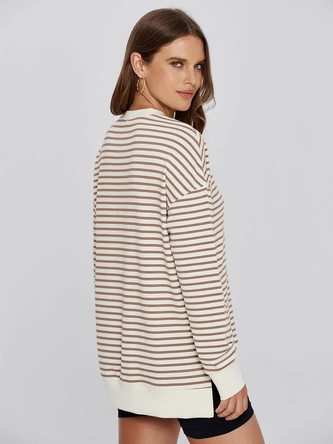 Simplee Womens Sweatshirt Long Sleeve Crewneck Striped Sweatshirt for Women 2024 Trendy Fall Tops Pullover Sweatshirts