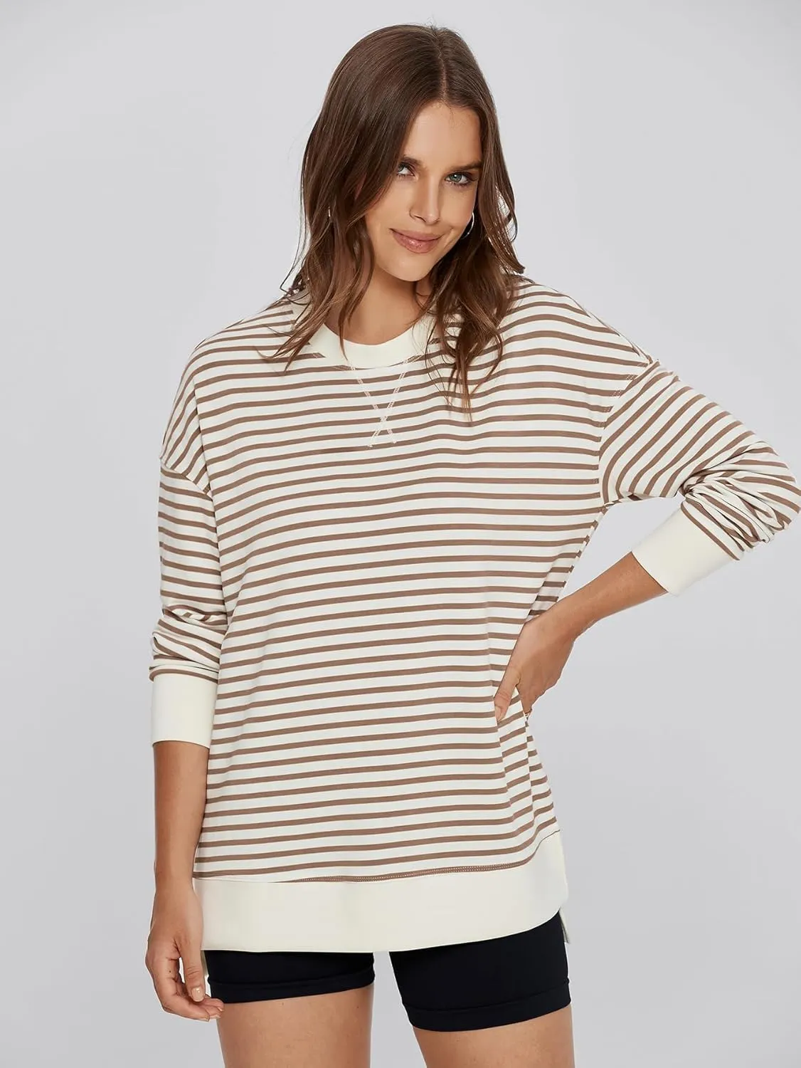Simplee Womens Sweatshirt Long Sleeve Crewneck Striped Sweatshirt for Women 2024 Trendy Fall Tops Pullover Sweatshirts
