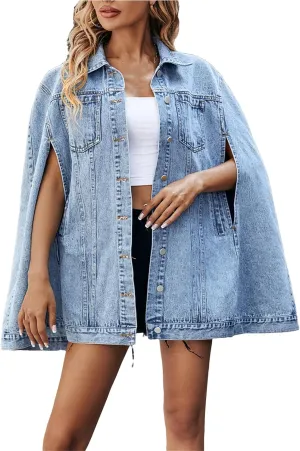 Single Breasted Cape Denim Coat For Women Spring Fall Stylish Office Vintage Pockets Loose Jackets