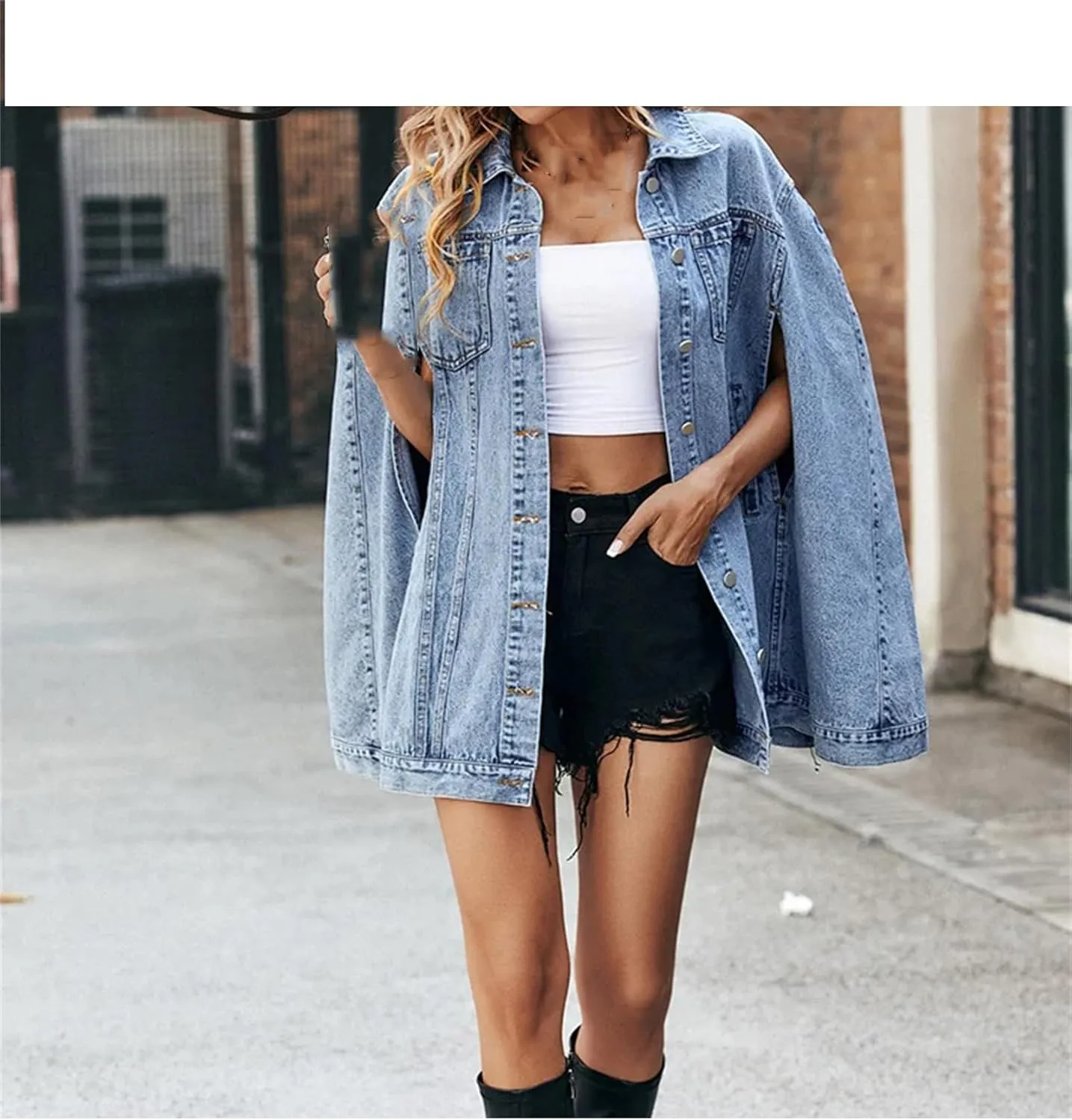 Single Breasted Cape Denim Coat For Women Spring Fall Stylish Office Vintage Pockets Loose Jackets