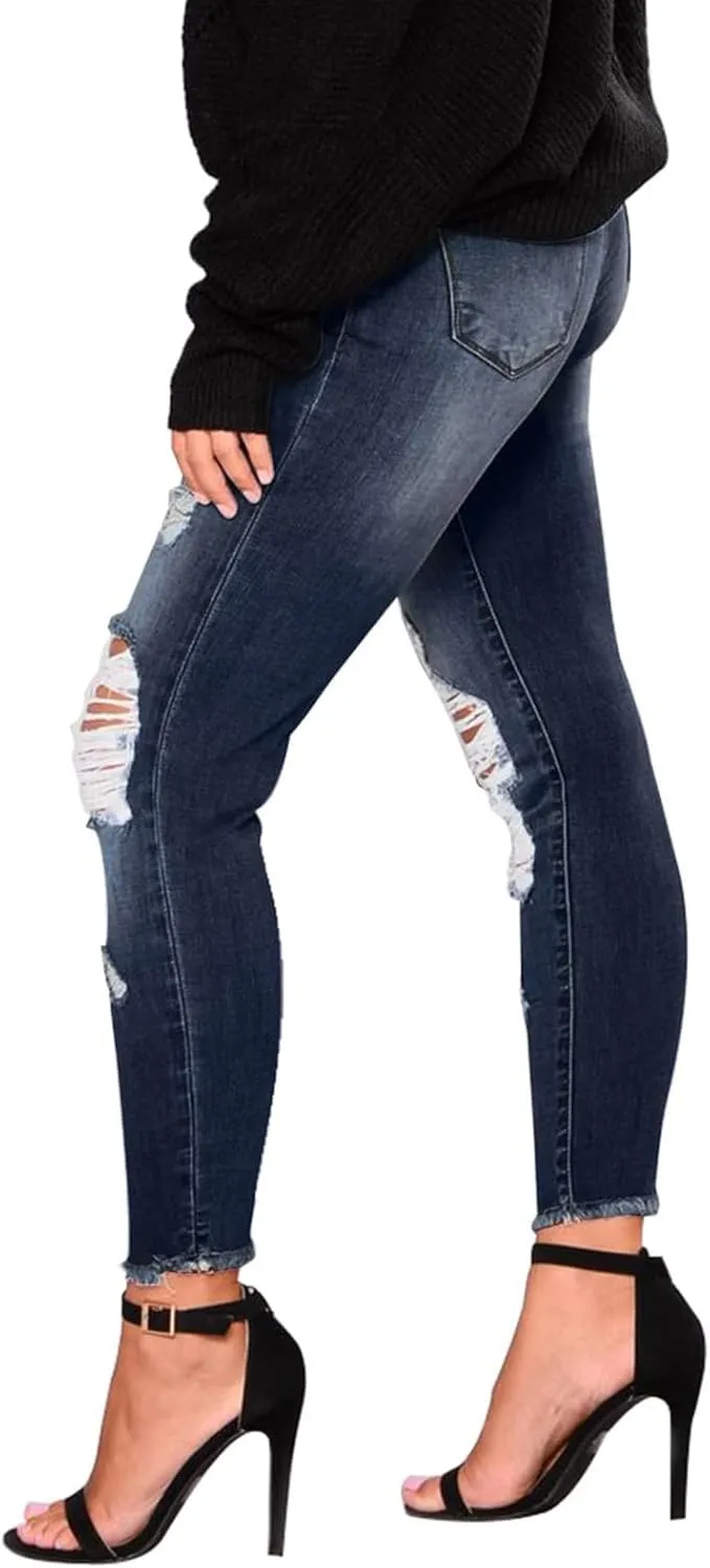 Skinny Jeans for Women Ripped Distressed Raw Hem Denim Stretchy Mid Rise Frayed Stretch Boyfriend Jeans with Pockets