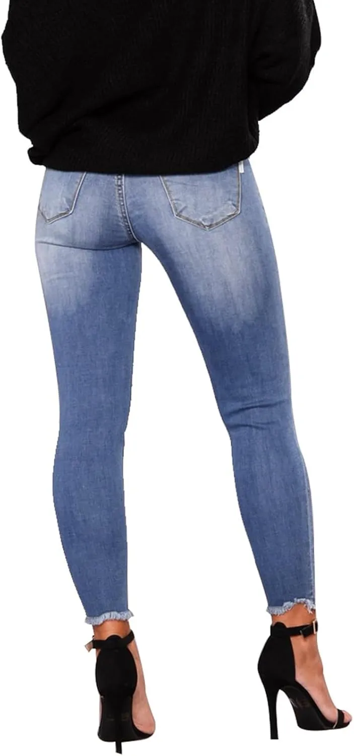 Skinny Jeans for Women Ripped Distressed Raw Hem Denim Stretchy Mid Rise Frayed Stretch Boyfriend Jeans with Pockets