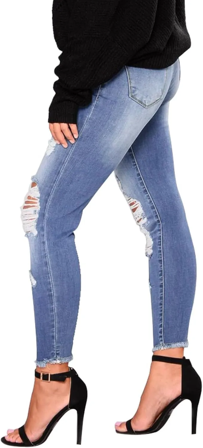 Skinny Jeans for Women Ripped Distressed Raw Hem Denim Stretchy Mid Rise Frayed Stretch Boyfriend Jeans with Pockets