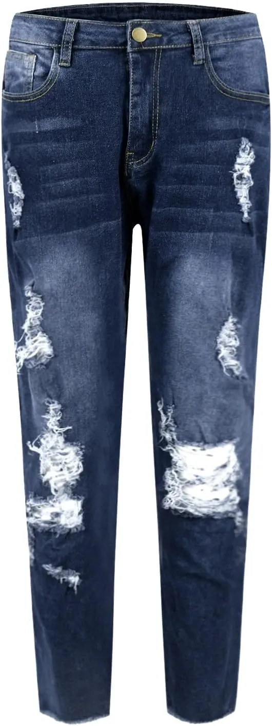 Skinny Jeans for Women Ripped Distressed Raw Hem Denim Stretchy Mid Rise Frayed Stretch Boyfriend Jeans with Pockets