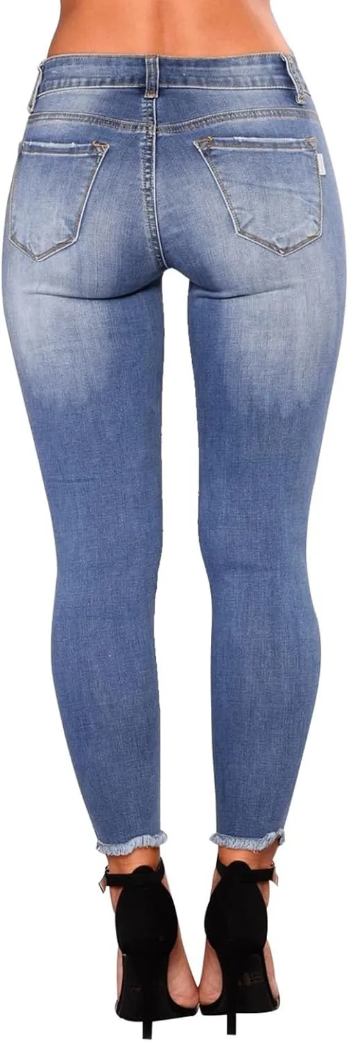 Skinny Jeans for Women Ripped Distressed Raw Hem Denim Stretchy Mid Rise Frayed Stretch Boyfriend Jeans with Pockets