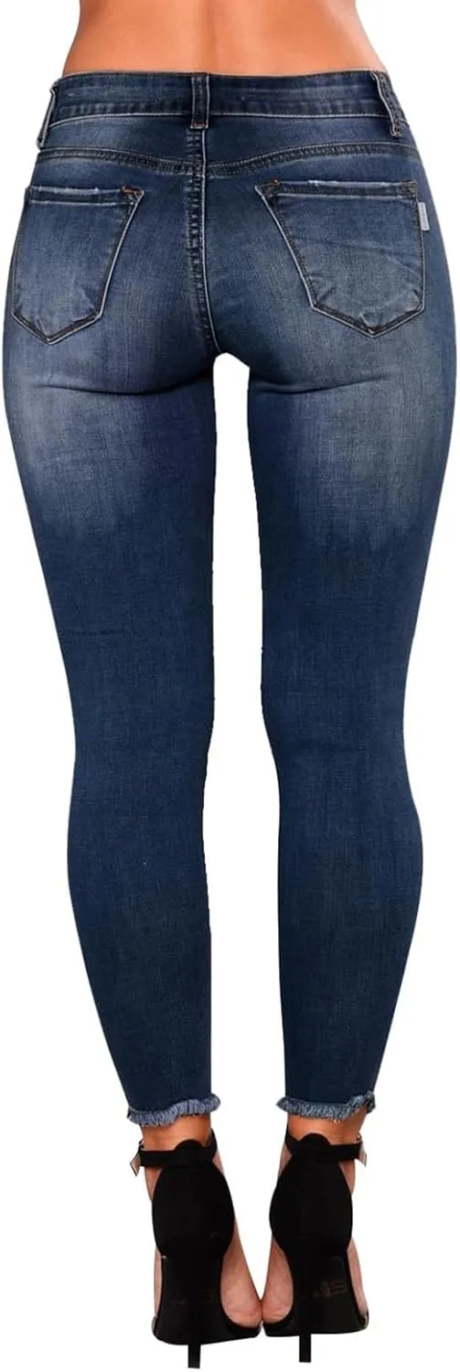 Skinny Jeans for Women Ripped Distressed Raw Hem Denim Stretchy Mid Rise Frayed Stretch Boyfriend Jeans with Pockets