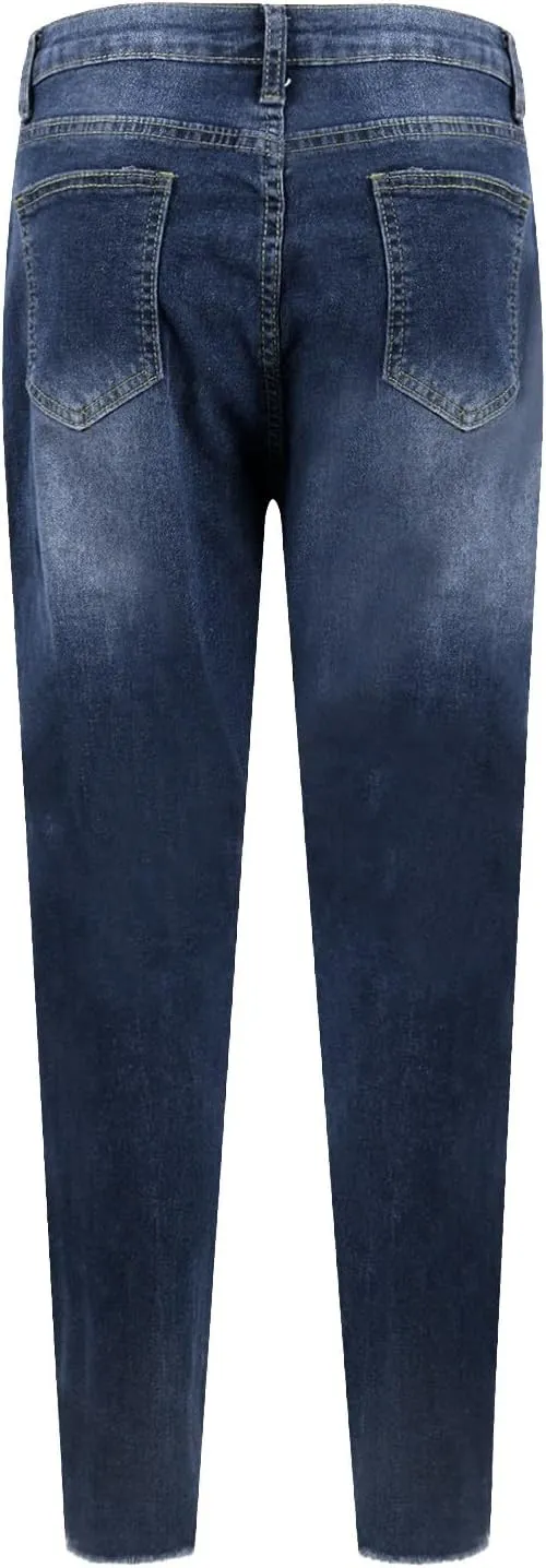 Skinny Jeans for Women Ripped Distressed Raw Hem Denim Stretchy Mid Rise Frayed Stretch Boyfriend Jeans with Pockets