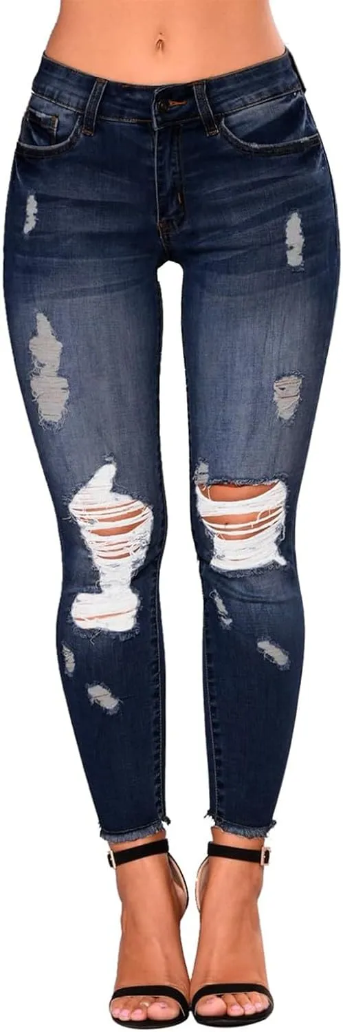 Skinny Jeans for Women Ripped Distressed Raw Hem Denim Stretchy Mid Rise Frayed Stretch Boyfriend Jeans with Pockets