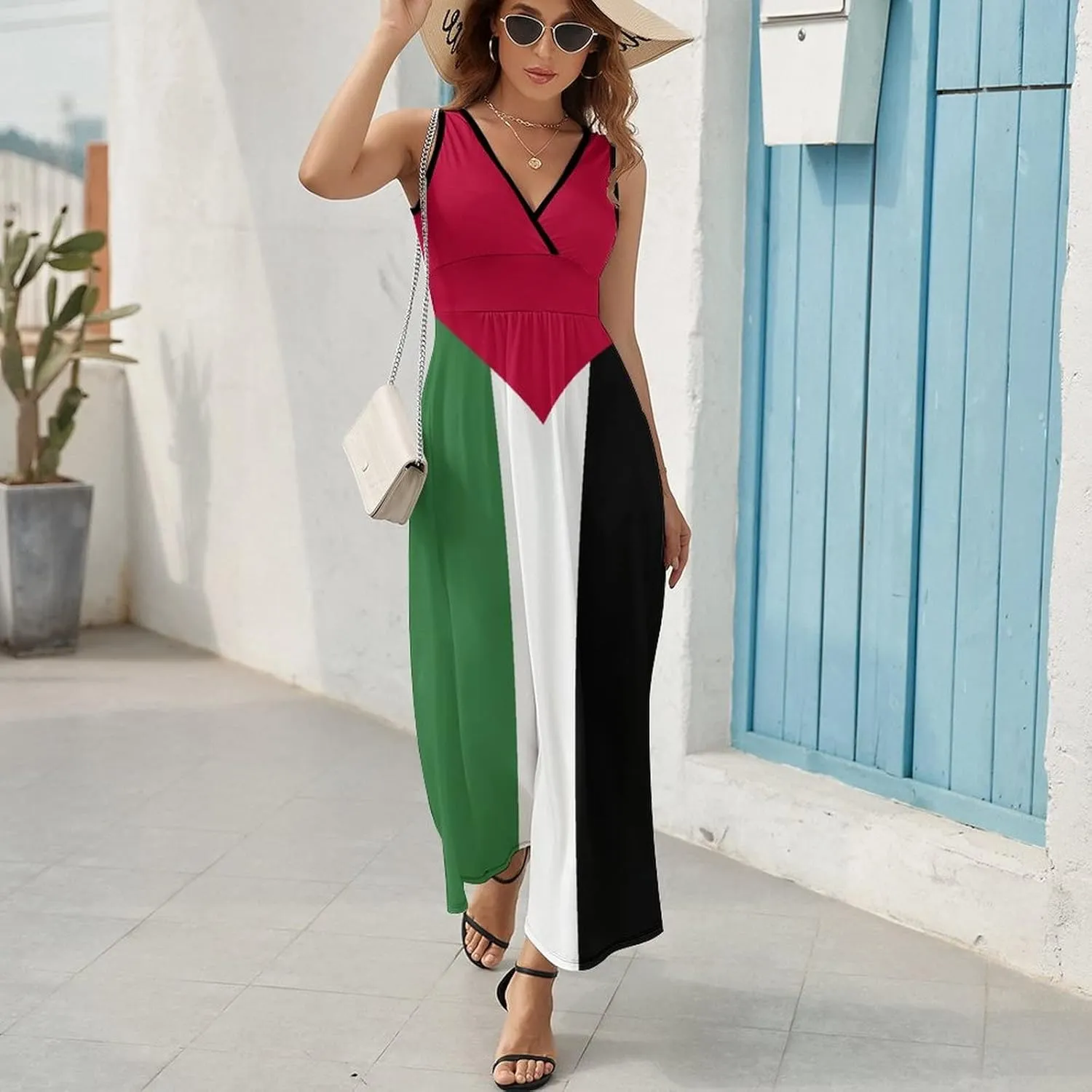 Sleeveless Dress Dress for Womens Summer Top Palestine Flag Casual V Neck Shift Dress L