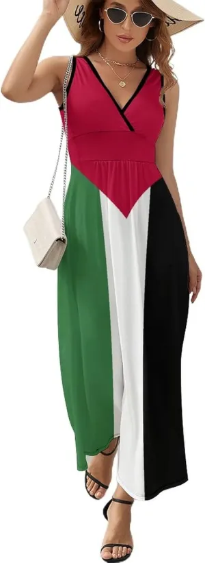 Sleeveless Dress Dress for Womens Summer Top Palestine Flag Casual V Neck Shift Dress L