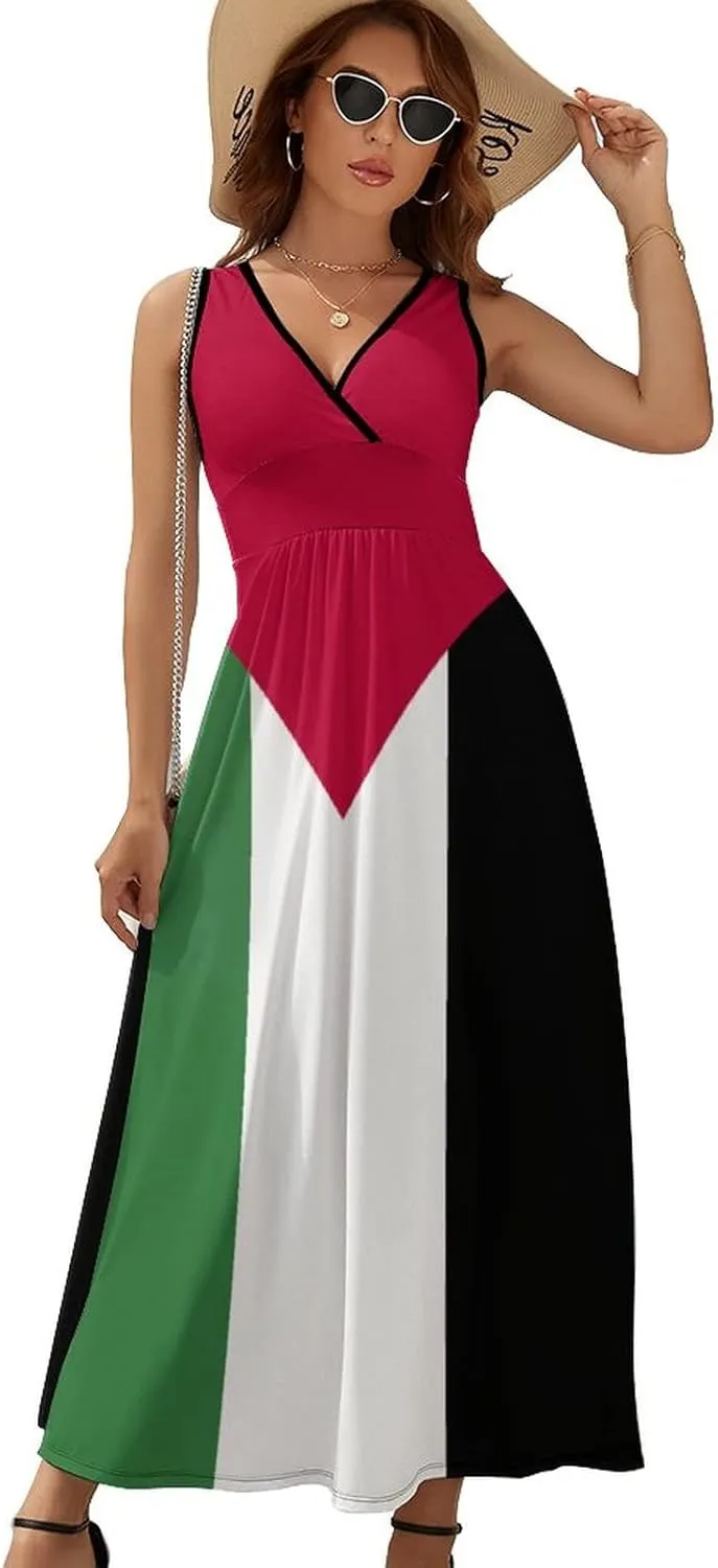 Sleeveless Dress Dress for Womens Summer Top Palestine Flag Casual V Neck Shift Dress L