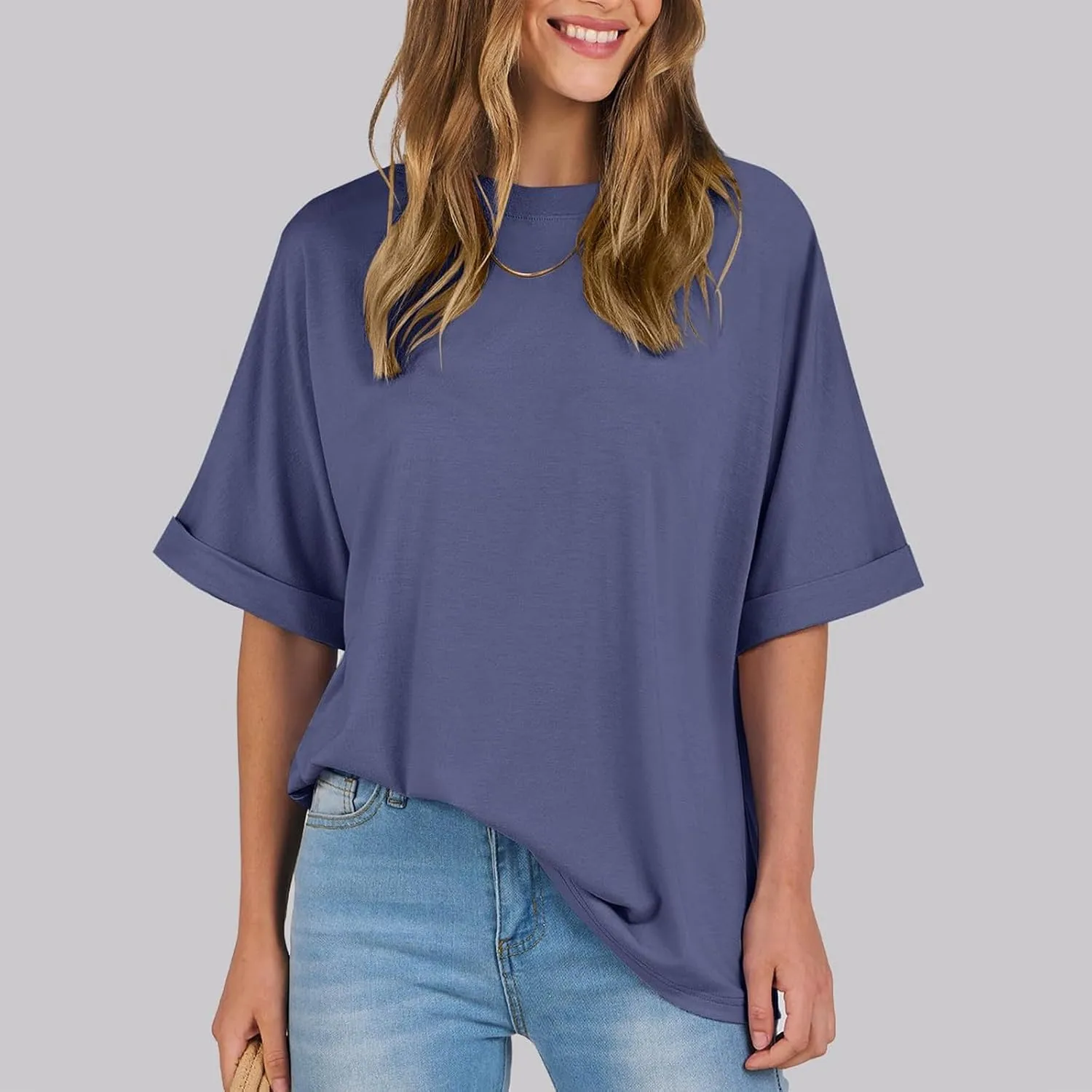 slqdgmryz Oversized Tshirts for Women Crew Neck Half Sleeve Tops Summer Loose Elbow Length Tee Shirts Business Casual Blouses