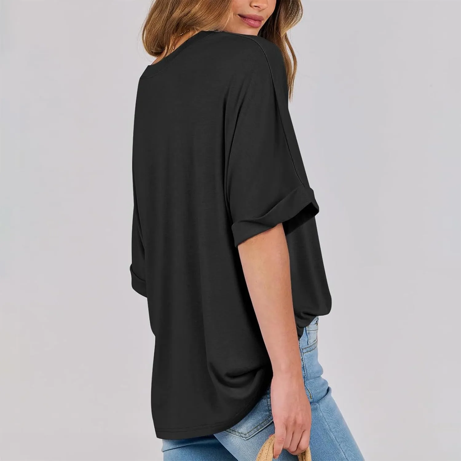 slqdgmryz Oversized Tshirts for Women Crew Neck Half Sleeve Tops Summer Loose Elbow Length Tee Shirts Business Casual Blouses