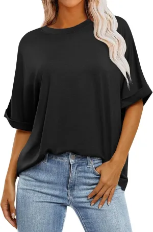 slqdgmryz Oversized Tshirts for Women Crew Neck Half Sleeve Tops Summer Loose Elbow Length Tee Shirts Business Casual Blouses
