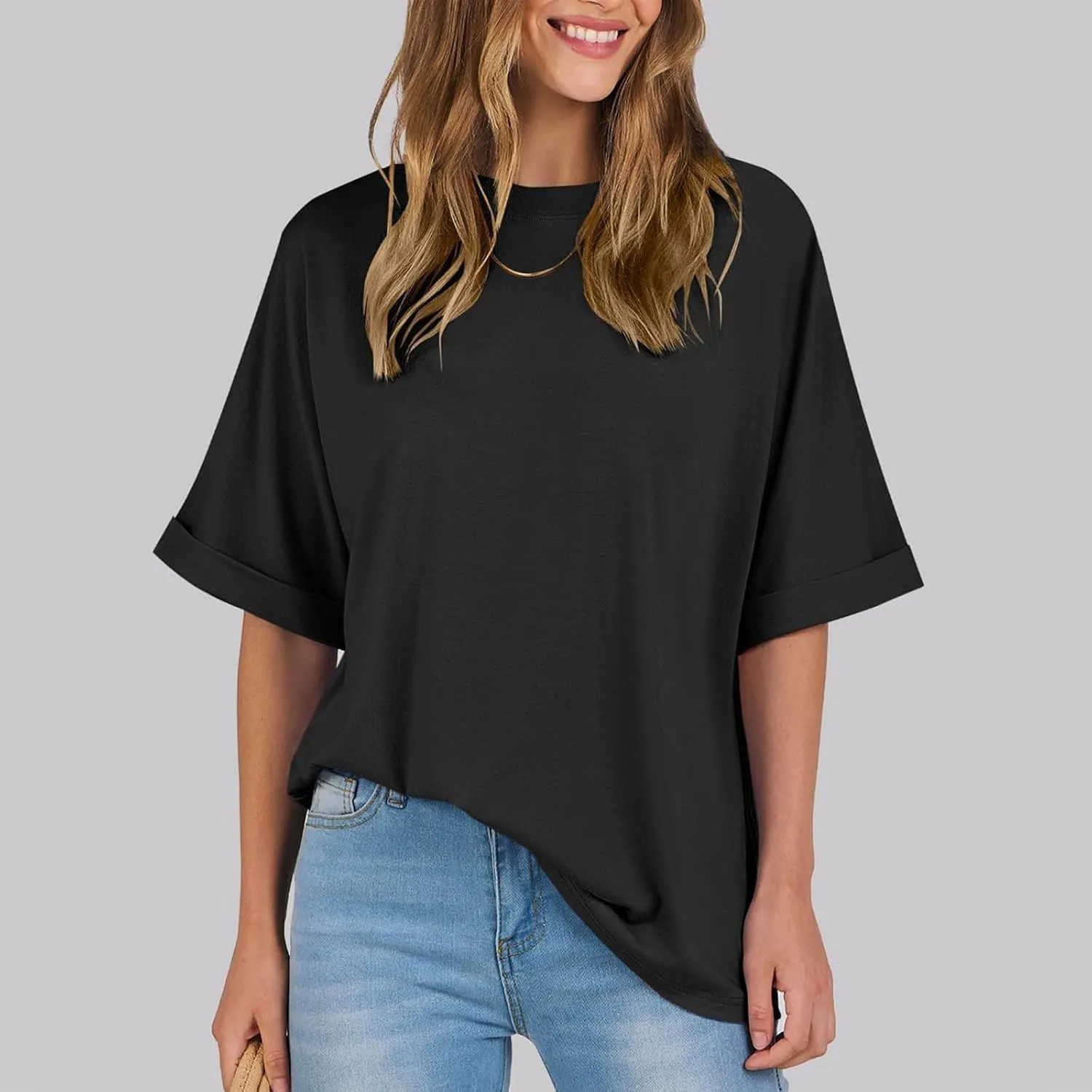 slqdgmryz Oversized Tshirts for Women Crew Neck Half Sleeve Tops Summer Loose Elbow Length Tee Shirts Business Casual Blouses