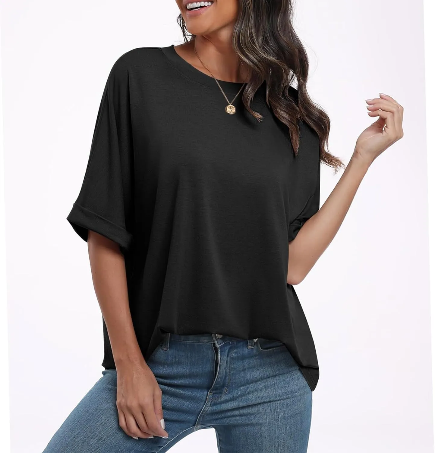 slqdgmryz Oversized Tshirts for Women Crew Neck Half Sleeve Tops Summer Loose Elbow Length Tee Shirts Business Casual Blouses