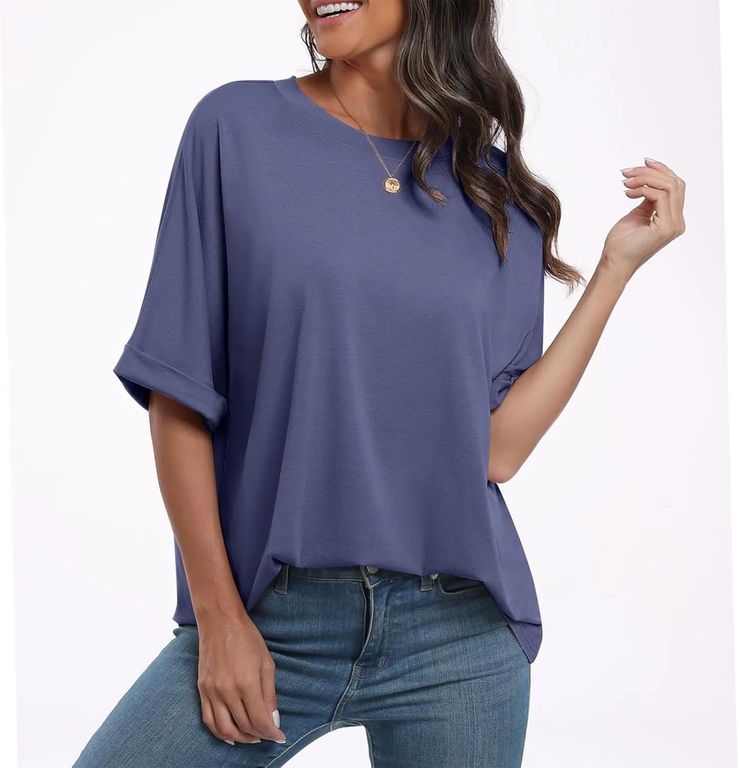 slqdgmryz Oversized Tshirts for Women Crew Neck Half Sleeve Tops Summer Loose Elbow Length Tee Shirts Business Casual Blouses