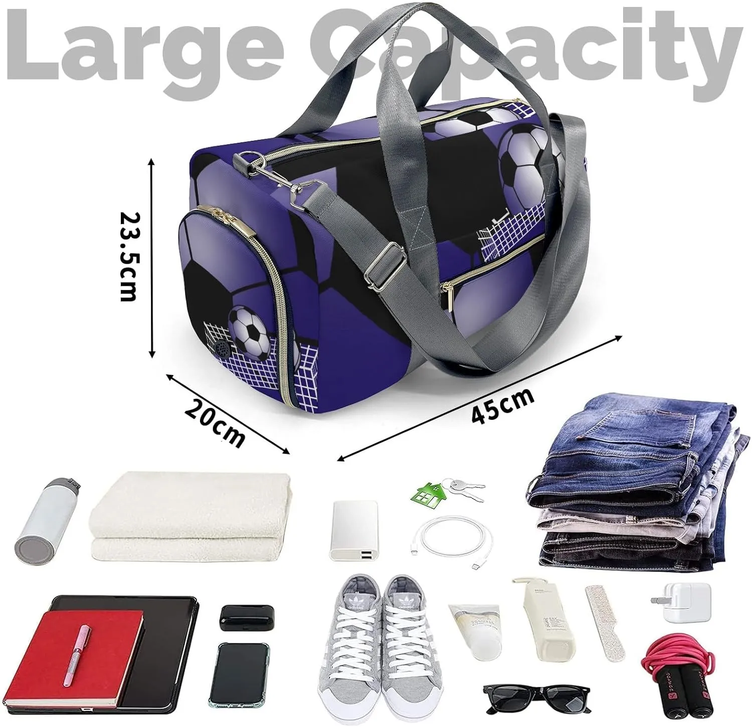 Soccer Ball Gym Navy Waterproof Travel Duffel Bag for Men and Women with Shoe Compartment