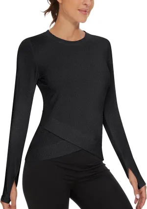 Soneven Women's Long Sleeve Thermal Running Shirts Compression Workout Tops Cross Hem Athletic Yoga Shirts with Thumbholes