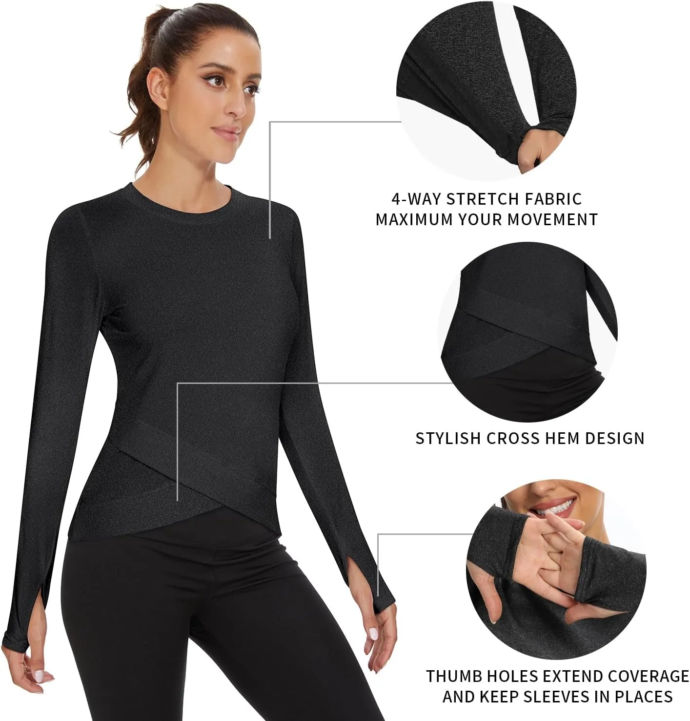 Soneven Women's Long Sleeve Thermal Running Shirts Compression Workout Tops Cross Hem Athletic Yoga Shirts with Thumbholes