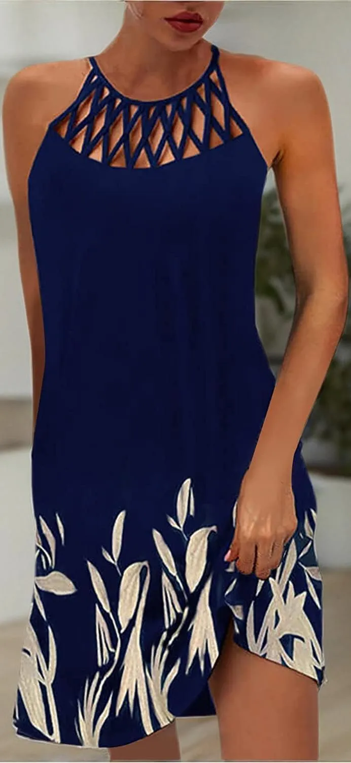 Summer Dresses for Women 2024 Casual Floral Hollow Out Halter Neck A-line Sundresses for Beach Vacation