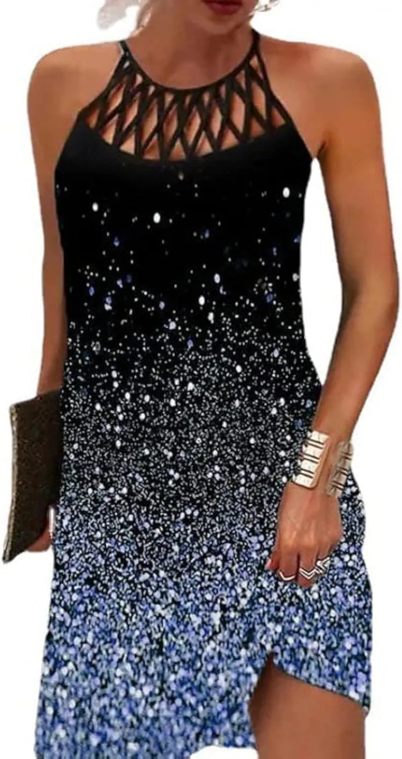 Summer Dresses for Women 2024 Casual Floral Hollow Out Halter Neck A-line Sundresses for Beach Vacation