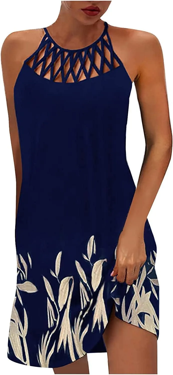 Summer Dresses for Women 2024 Casual Floral Hollow Out Halter Neck A-line Sundresses for Beach Vacation