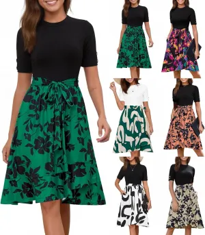 Summer Dresses for Women 2025 Short Sleeve Floral Maxi Dress Flowy Empire Waist Patchwork A Line Ruffle Tiered Dress