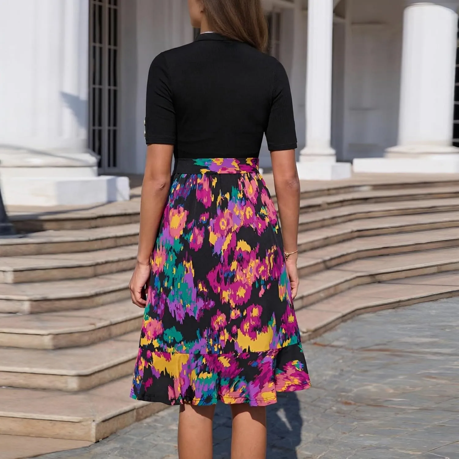 Summer Dresses for Women 2025 Short Sleeve Maxi Dress Flowy Asymmetrical Ruffle Tiered Boho Floral Dress with Belted