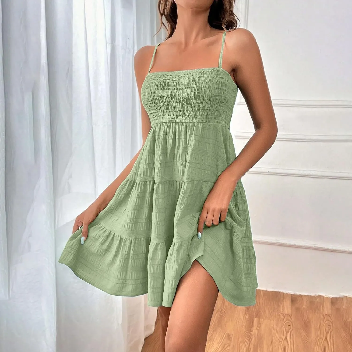 Summer Dresses for Women 2025 Square Neck Spaghetti Strap Dress Casual Sleeveless Smocked A Line Tiered Beach Sundresses
