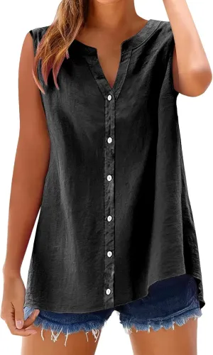 Summer Tops for Women 2025 Trendy Plain V Neck Button Down Work Tshirts Empire Waist Long Sleeve Linen Shirts