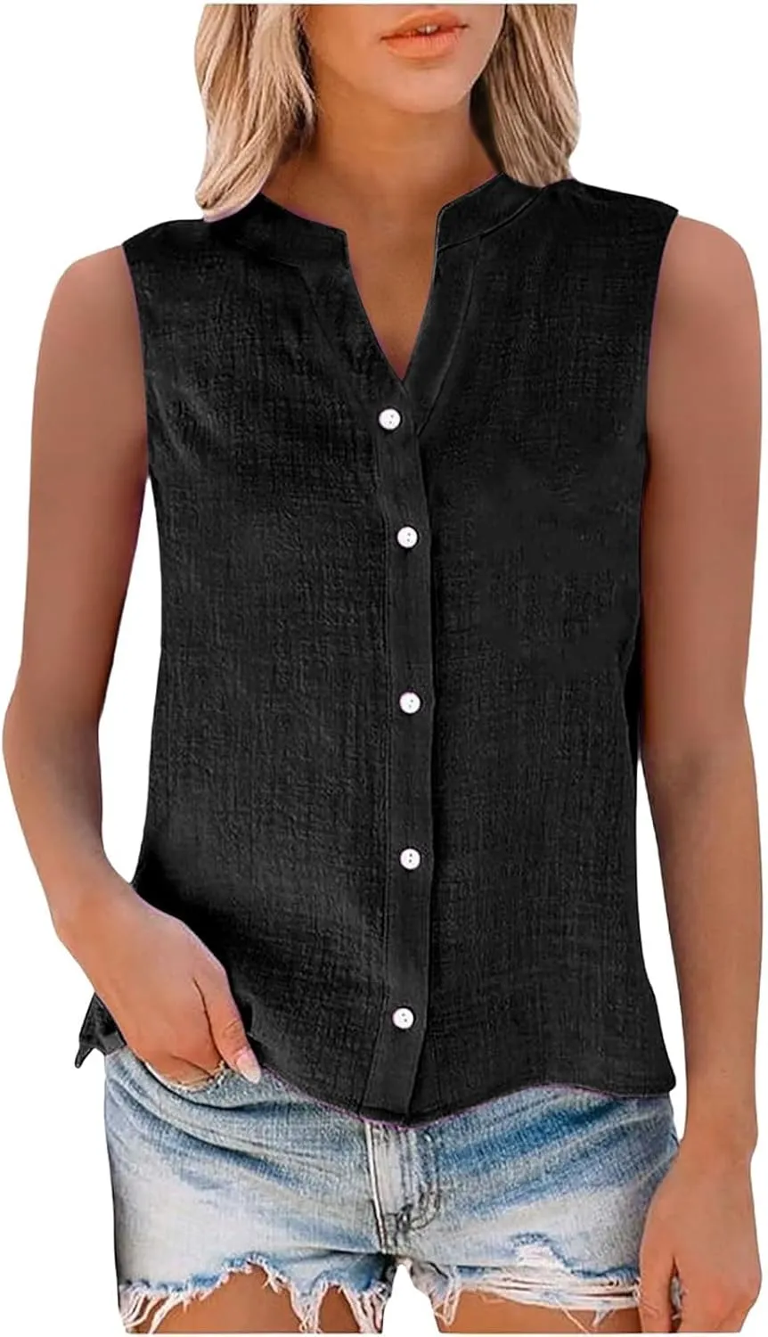 Summer Tops for Women 2025 Trendy Plain V Neck Button Down Work Tshirts Empire Waist Long Sleeve Linen Shirts